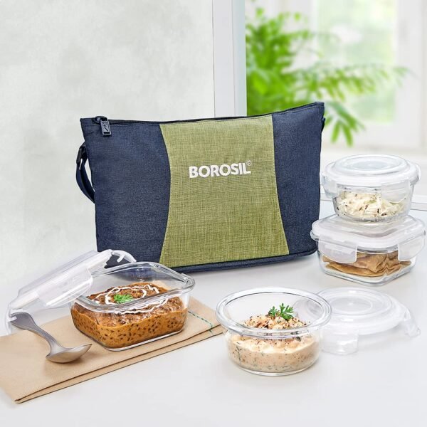 Borosil Ace Daisy Lunchbox | 4pc (320ml x 2 Square + 240ml x 2 Round) Container Set | Made in India Borosilicate Glass | Microwave & Dishwasher Safe Tiffin for Office, College & School