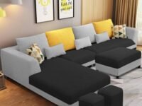 Casaliving Minta LHS 8 Seater L Shape Sofa Set with Center Table for Living Room (Black Grey Fabric) Premium Fabric Sofa