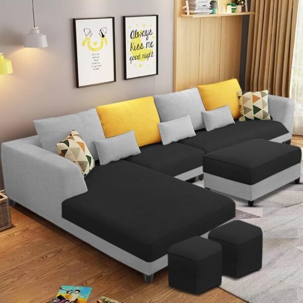 Casaliving Minta LHS 8 Seater L Shape Sofa Set with Center Table for Living Room (Black Grey Fabric) Premium Fabric Sofa