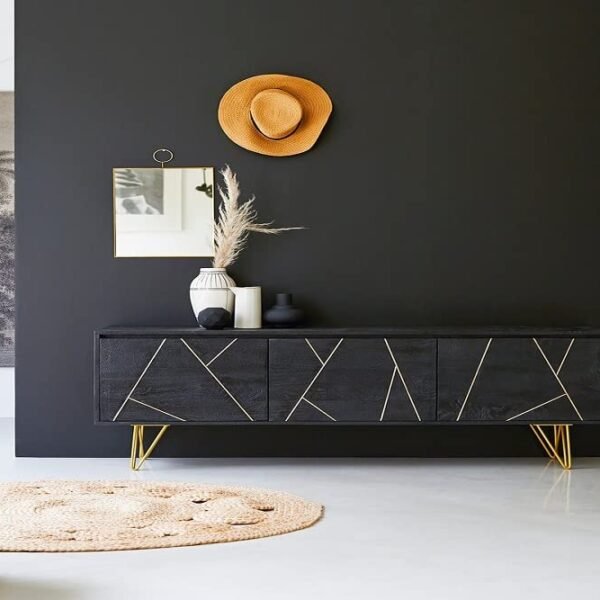 DEMIWALL Solid Mango Wood Entertainment Tv Unit for Living Room | Free Standing Media Console Movable Tv Cabinet Sideboard | Tv Table Side Board with 3 Door Cabinet Storage | Iron Legs, Black & Gold