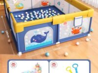 Dawnwake Playpen 150x180cm for Baby 0-5 Years with Safety Lock, Playard with 5-10 Ocean Balls and 2 Grasp Rings (No Mat, Non-Foldable) - Blue