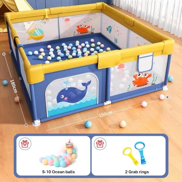 Dawnwake Playpen 150x180cm for Baby 0-5 Years with Safety Lock, Playard with 5-10 Ocean Balls and 2 Grasp Rings (No Mat, Non-Foldable) - Blue