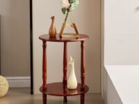 Device Bas with BROWN ART SHOPPEE Round Side Table, 2-Tier End Table for Small Spaces, Wooden Coffee Table With Wood Legs (Walnut)