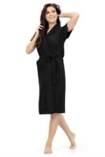 ELEVANTO Bathrobes for Women & Bathrobes for Girls: Everyday Terry Unisex Collection with Kimono Collar, Half Sleeve, 1 Pocket | Soft & Lightweight Comfort bath robe (BLACK)