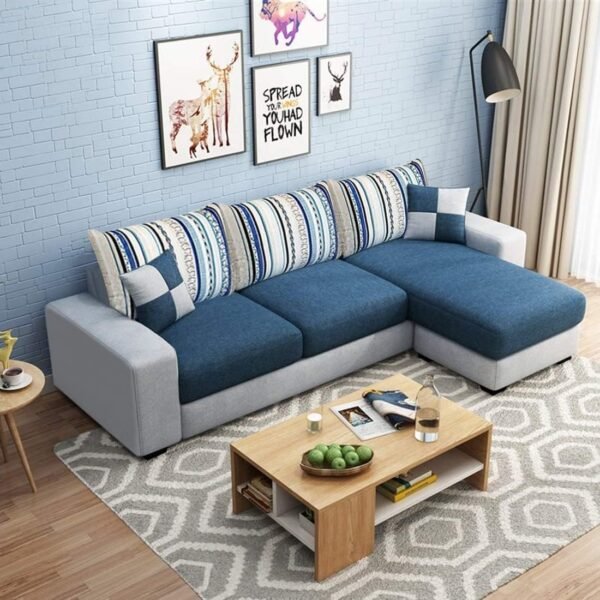 FURNY Orionoy 4 Seater Fabric LHS Sectional L Shape Sofa Set (Blue-Light Grey)