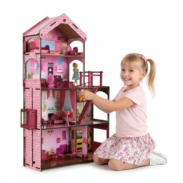 FunBrigade Dream Doll House |Wooden 4 feet Large Dollhouse with 11+ Furniture Pieces, Movable Lift, Working Light, Pool Slide and Full-Size Doll | 4 Floors Colorful Walls | Birthday Gift for Girls