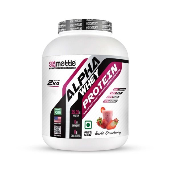 Getmymettle Alpha Whey Protein Powder, Scarlet Strawberry (2kg / 4.4lbs) | 35.06g Protein Per Serving | High Protein for Muscle Growth & Recovery | Fast Absorption | Gym Nutrition