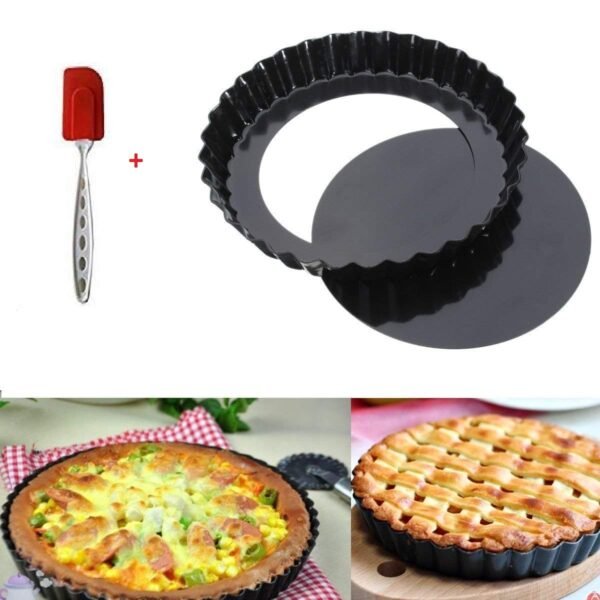 GrabSmart Non-Stick Metal Pizza Pan Pie Dish Fluted Tart Pan with Removable Bottom,Carbon Steel, 22 Cm, Black + 1 Pc Red Silicone Spatula