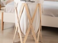 HOKIPO Laundry Basket Large 80-Litre European Pattern Laundry Hamper Cloth Bag with Foldable Wooden Stand Support.(Cream)
