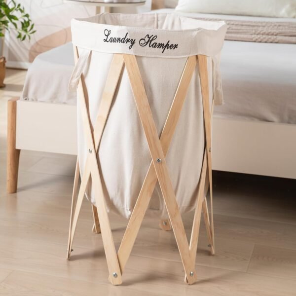 HOKIPO Laundry Basket Large 80-Litre European Pattern Laundry Hamper Cloth Bag with Foldable Wooden Stand Support.(Cream)