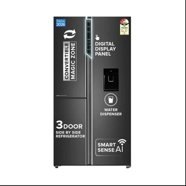 Haier SmartChoice 592L 3Star 3-Door Water Dispenser Side by Side Frost Free Refrigerator|Convertible|Smart Sense AI|Inverter|Digital Display Panel (2025 Model, HRT-683WGKU1, Graphite Black)