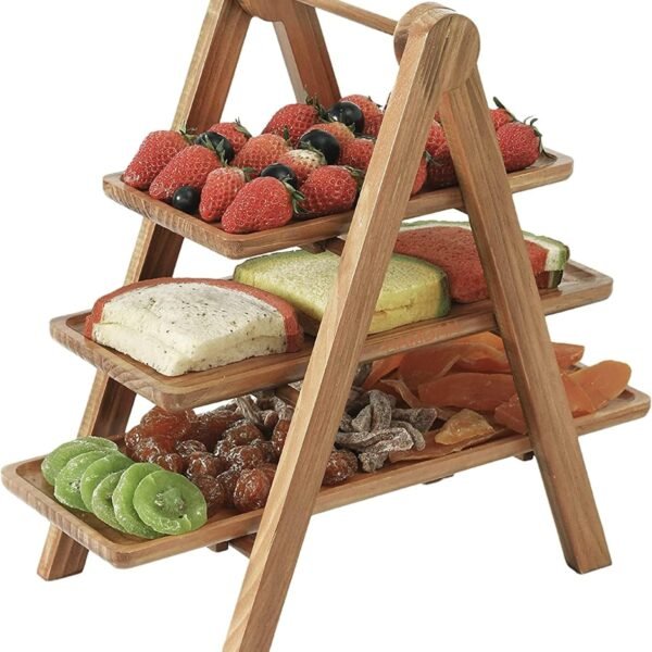 Hamdan Collection Wood 3 Tier Serving Tray-Wooden Three Tiered Tray with Collapsible Stand for Fruit Platter Farmhouse ,Kitchen ,picnic Nesting Tray (Natural)