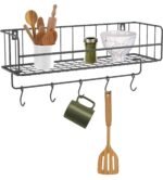 Haus Alchemy Kitchen Spice Rack Organizer Shelf with 5 Hooks Wall Mount Steel Storage Stand for Bottle, Jar, Container, Utensils Holder Cabinet - Black - Big Hanging Shelves (45cm X 15cm X 20cm)