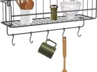Haus Alchemy Kitchen Spice Rack Organizer Shelf with 5 Hooks Wall Mount Steel Storage Stand for Bottle, Jar, Container, Utensils Holder Cabinet - Black - Big Hanging Shelves (45cm X 15cm X 20cm)