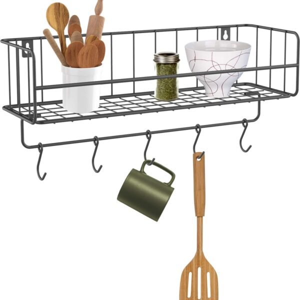 Haus Alchemy Kitchen Spice Rack Organizer Shelf with 5 Hooks Wall Mount Steel Storage Stand for Bottle, Jar, Container, Utensils Holder Cabinet - Black - Big Hanging Shelves (45cm X 15cm X 20cm)