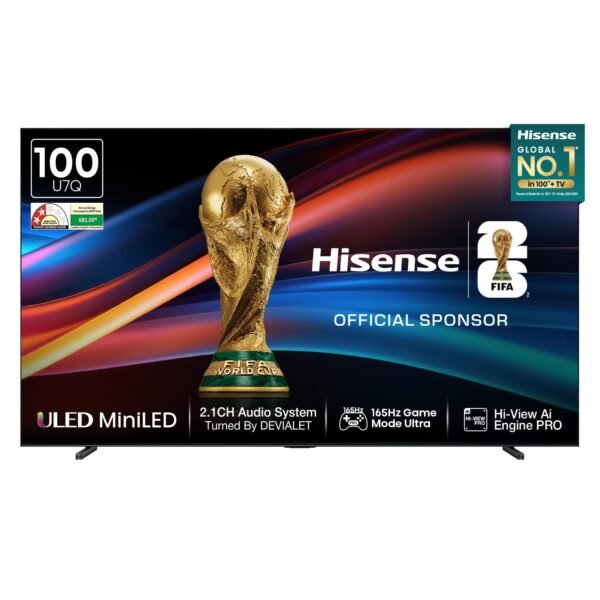 Hisense 253 cm (100 Inches) 4K QLED Mini-LED Smart TV | 1000 NITS Peak Brightness | 165Hz Game Mode | Dolby Vision, Dolby Atmos | 2.1 CH 50W Speakers (Built-in Subwoofer) | VIDAA OS | 100U7Q (Black)