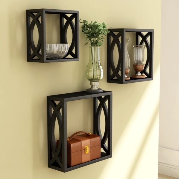Home Sparkle MDF Wooden Wall Shelves 3 Set Decorative Wall Mounted (Black)