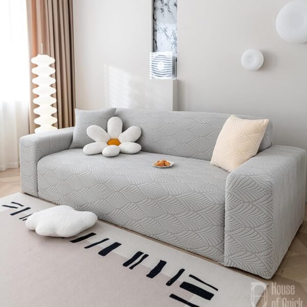 House of Quirk Universal Triple Seater 220 GSM Jacquard Leaf Texture Fabric Sofa Cover Soft Touching Cover for Couch Flexible Stretch Sofa Slipcover (Smoke, 190-230Cm), Grey