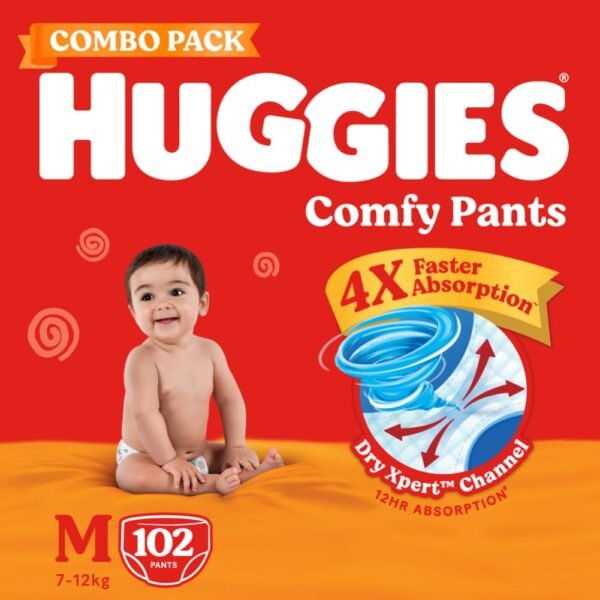Huggies Comfy Pants Baby Diaper, Medium (M) Size (7-12 Kgs), Pack of 102 (34 Count, Pack of 3)