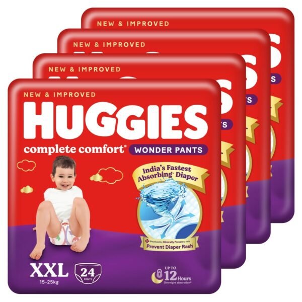 Huggies Complete Comfort Wonder Pants | Pant Style Baby Diapers Double Extra Large (XXL) Size, 96 Count | India's Fastest Absorbing Diaper, Prevents Diaper Rash, Ideal for 15 to 25 Kgs (24 Count, Pack of 4)