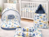 Infantbond Baby Mattress with net | Baby Carry Bag | 4 Pcs Bedding Set | Grey Sprial (0-6 Months) (Full Set)