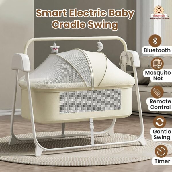 Infantso Premium Electric Baby Cradle Swing - Bluetooth & Remote Control Palna Jhula with Custom Swing Time, Adjustable 5-Speeds, Automatic Swing Cradle for 0-12 Months, Soft Mattress, Safe & Spacious