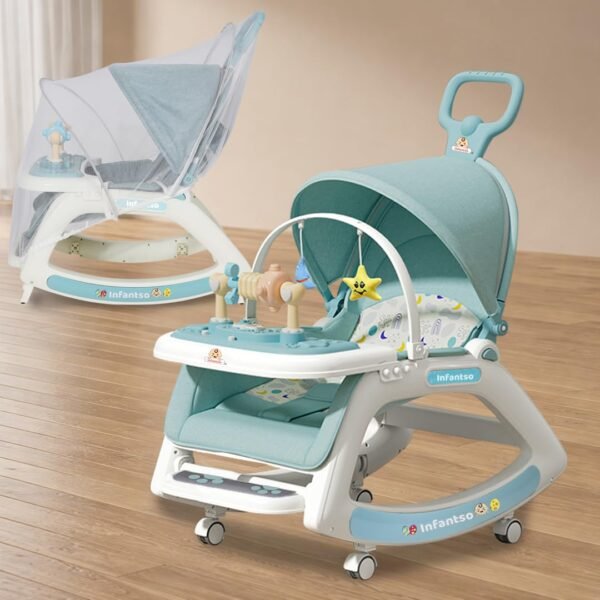 Infantso Prime (5-in-1) Baby Rocker for 0 to 2 Years with Mosquito Net | Portable Rocker for Newborn | Convertible Walker, Feeding Chair, Push Cart & Seat with Music, Light, Tray & Canopy - Blue