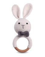 Intellibaby Premium Bunny Wooden Ring Rattle for Baby&Toddlers, Crochet Bunny Rattle Toy for Newborn,Natural Wool,Sensory Toy for Girls&Boys,Safe&Durable,BIS Certified,Birthday Gift,0-2 Years,White