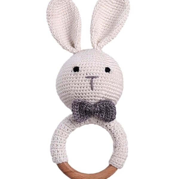 Intellibaby Premium Bunny Wooden Ring Rattle for Baby&Toddlers, Crochet Bunny Rattle Toy for Newborn,Natural Wool,Sensory Toy for Girls&Boys,Safe&Durable,BIS Certified,Birthday Gift,0-2 Years,White