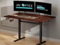 JIN OFFICE Octave Height Adjustable Desk Electric | Standing Desk, 80 Kg Wt. Cap, 2 Year Warranty| Sit Stand Table with Memory Preset, Cup Holder| Stability Crossbar| Brown 1500*750mm/25mm Thick Top