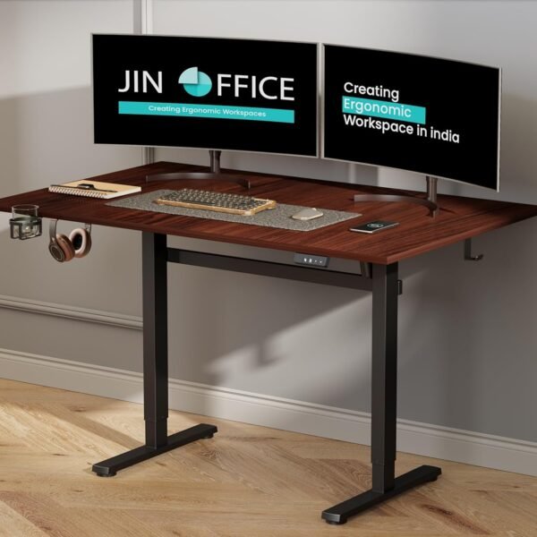 JIN OFFICE Octave Height Adjustable Desk Electric | Standing Desk, 80 Kg Wt. Cap, 2 Year Warranty| Sit Stand Table with Memory Preset, Cup Holder| Stability Crossbar| Brown 1500*750mm/25mm Thick Top