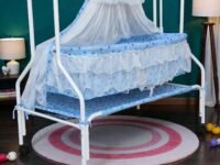 Kiddery Hestia | Cradle for Baby | New Improved Mattress Design | Mosquito Protection Net | Smooth Swing | All Wheel Lock | Palna | Jhula | Uyyala | 0-10 Months | Blue