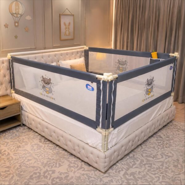 Kids Station 3 Side Premium Bed Rail Guard (6.6ftx5ftx6.6ft / 200cmx150cmx200cm), Bed Railing for Baby Safety, Kids Toddler Bed Protector Side Walls, Adjustable Height, Portable & Foldable (Grey)