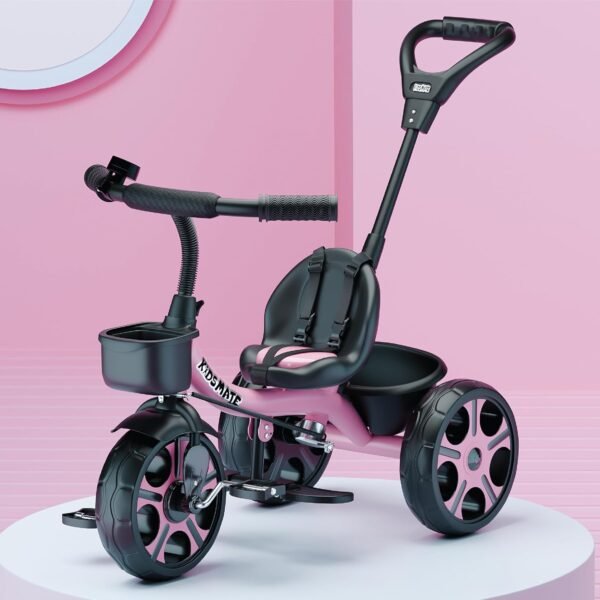 Kidsmate Junior Tricycle for Kids with Parental Control | Cycle for Kids 1-4 Years | Baby Cycle | Bicycle with Storage Basket, Cushion Seat and Seat Belt Carrying Capacity 30 Kgs (Pink)