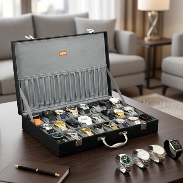 LEDO Men's and Women's Watch Box Organizer Case In 24 Slots of watches In Black color with Gray Velvet