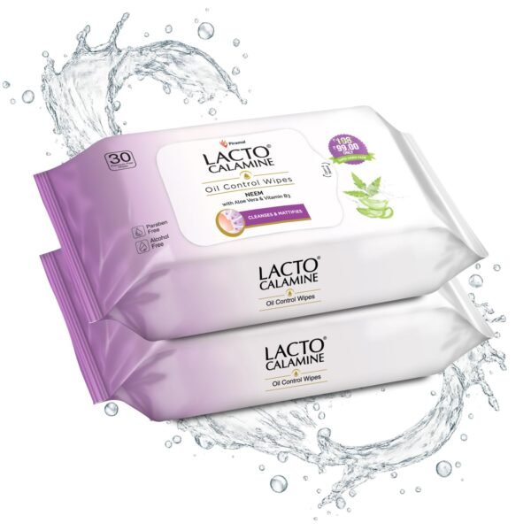 Lacto Calamine Oil Control Face Wipes 30N each- Pack of 2 | Makeup Remover Wipes | Wet Tissue for Face With Neem, Aloe Vera & Niacinamide | Wet Wipes for Women & Men | Pararben & Alcohol Free