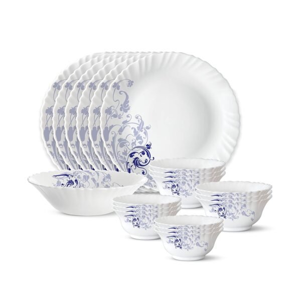 Larah by Borosil Silk Series Opalware Dinner Set | 19 Pieces for Family of 6 | Microwave & Dishwasher Safe | Bone-Ash Free | Crockery Set for Dining & Gifting | Plates & Bowls (Blue Eve)