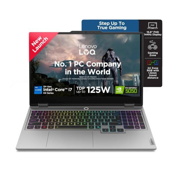 Lenovo LOQ, 13th Gen Intel Core i7 13700HX, RTX 5050-8GB, 16GB RAM, 1TB SSD, FHD, 15.6"/39.6cm, 144Hz, Windows 11, Office 2024, Grey, 2.4Kg, 440 AI Tops, 3 Mon. Game Pass, 83JE00U7IN, AI Gaming Laptop