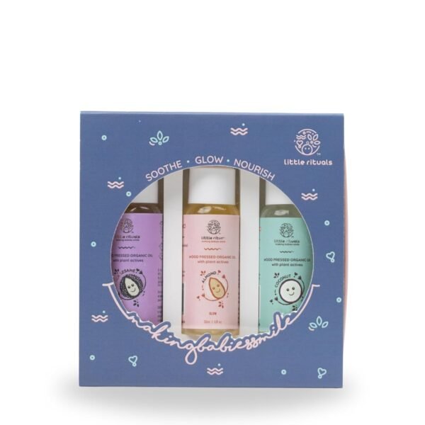 Little Rituals Organic Baby Massage & Hair Oil Gift Pack and Sampler - Sweet Almond (Badam), Coconut, Black Sesame | Premium Gift for Baby | Travel Pack | Wood Cold Pressed, Plant Actives, Dermatologist Tested by Pediatrics, Safe & Gentle, 30ml