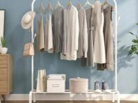 Lukzer | Heavy-Duty Metal Garment Rack with Bottom Storage Shelf & 4 Side Hooks | Freestanding Clothes Stand for Bedroom, Entryway, Living Room | White | 40 x 110 x 148 cm | Model No. MGS-001