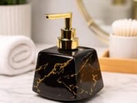 Market99 Black Refillable Stone Finish Ceramic Liquid Dispenser for Kitchen (350ml) | Handwash Bottle for Wash Basin | Shampoo Dispenser for Bathroom | Luxury Bath Accessory