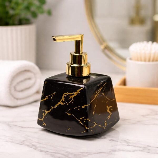 Market99 Black Refillable Stone Finish Ceramic Liquid Dispenser for Kitchen (350ml) | Handwash Bottle for Wash Basin | Shampoo Dispenser for Bathroom | Luxury Bath Accessory