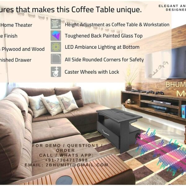 Mediadesk Coffee Table Lift Top, Built-in 2.1 Home Theater & Ambient Light, Plywood Material with Leatherette, Center Table, Study Table, Laptop Table (Black, Black Toughened Glass Top)