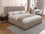 Modern Upholstered Queen Size Bed with Box Storage for Bedroom | Wooden Double Bed with Storage | Platform Cot Bed with Upholstery Premium Fabric | Sheesham Solid Wood, (Brown) | 6.5 x 5 Ft