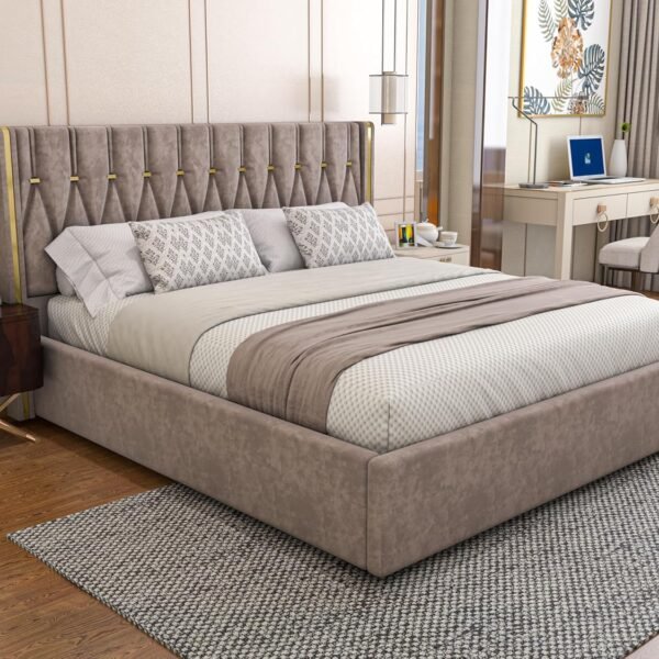 Modern Upholstered Queen Size Bed with Box Storage for Bedroom | Wooden Double Bed with Storage | Platform Cot Bed with Upholstery Premium Fabric | Sheesham Solid Wood, (Brown) | 6.5 x 5 Ft