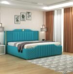 Modern Upholstered Queen Size Bed with Storage | Double Bed with Box Storage & Upholstery Premium Fabric Headboard | Platform Bed for Bedroom & Hotel | Sheesham Wood, Blue, 6.5 x 5 Ft