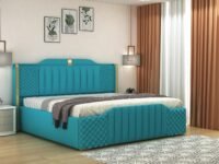 Modern Upholstered Queen Size Bed with Storage | Double Bed with Box Storage & Upholstery Premium Fabric Headboard | Platform Bed for Bedroom & Hotel | Sheesham Wood, Blue, 6.5 x 5 Ft