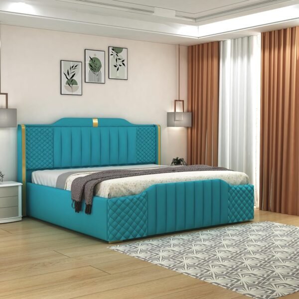 Modern Upholstered Queen Size Bed with Storage | Double Bed with Box Storage & Upholstery Premium Fabric Headboard | Platform Bed for Bedroom & Hotel | Sheesham Wood, Blue, 6.5 x 5 Ft