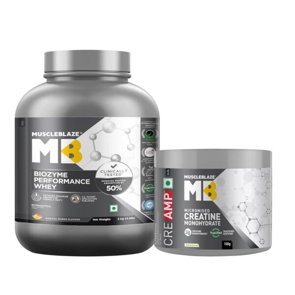 MuscleBlaze Biozyme Performance Whey Protein Powder, Magical Mango (2kg / 4.4lbs) & Micronised Creatine Monohydrate CreAMP, Unflavoured (32 Servings, 100g) | Combo Pack