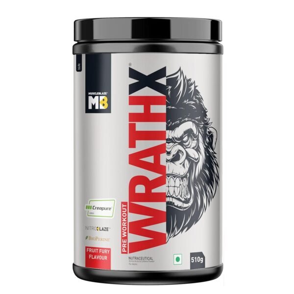 MuscleBlaze Pre Workout WrathX with Creapure Powder, Nitroblaze & BioPerine (Fruit Fury, 510g, 30 Servings)